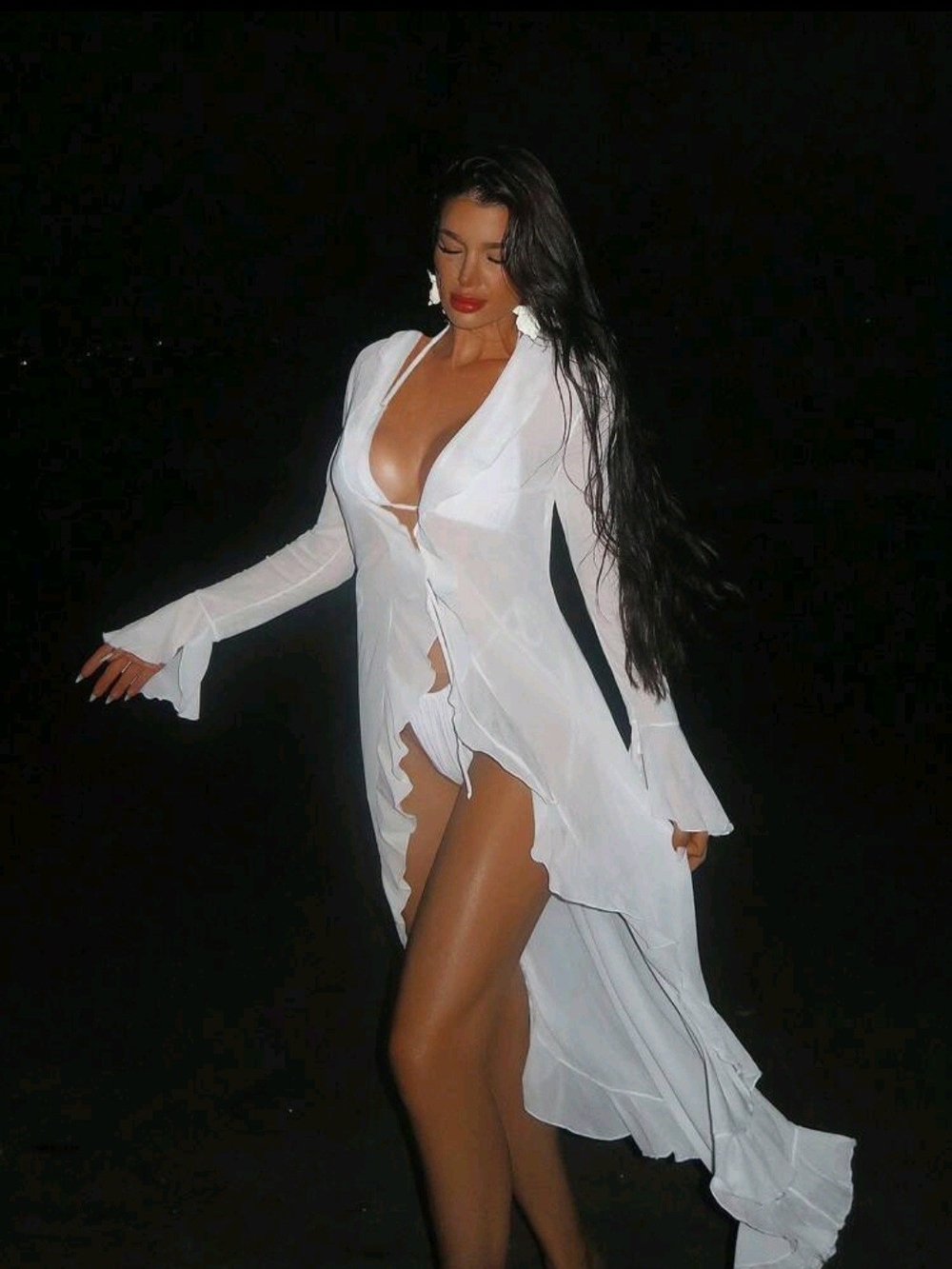 SHEIN White Sheer Long Ruffle Swim Coverup
